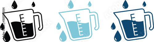 Measuring cup icons set with water droplets in black light blue and dark blue colors for cooking measurements.