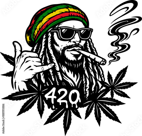 Cool 420 Rasta Smoker Illustration, Reggae Stoner Character, Bold Line Art