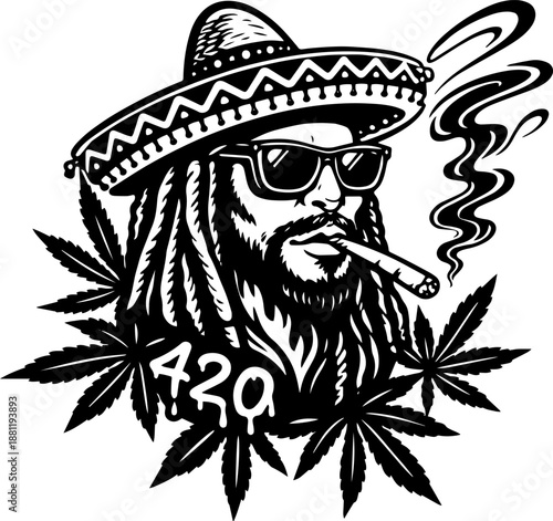 Cool 420 Sombrero Man Illustration, Mexican Stoner Character, Bold Line Art