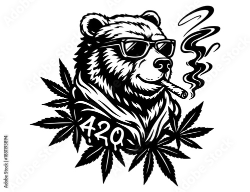 Cool 420 Bear Illustration, Weed Bear with Sunglasses, Clean Line Art Design
