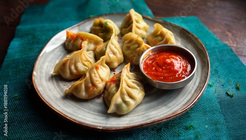 Vibrant And Colorful Street Food Style Of Nepalese Momo Delicate Dumplings With Cabbage And Chicken Filling Served With Tomato Chutney