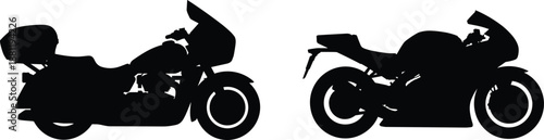 Black motorcycle silhouettes set of touring and sport bike icons, motorbike transportation vector illustrations isolated on a white background, automotive