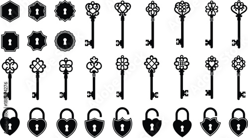 Large collection of vintage skeleton keys antique padlocks and decorative keyholes silhouettes for mystery security and ornate design.