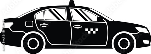 Black taxi car silhouette icon isolated on white background, city transportation vehicle vector illustration, urban taxi cab side view graphic