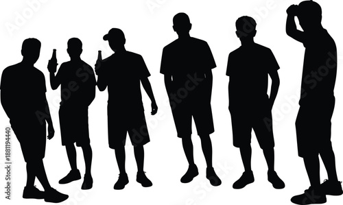 Collection of Casual Young Men Silhouettes Standing and Relaxing with Drinks for Social Gathering Summer Party Urban Lifestyle and Community Fashion Graphic Design Elements