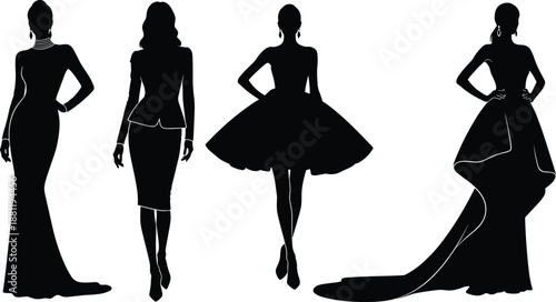 Collection of Elegant Women Silhouettes in Formal Evening Gowns and High Fashion Cocktail Dresses for Luxury Event Invitations Runway Shows Glamorous Ball and Red Carpet Design
