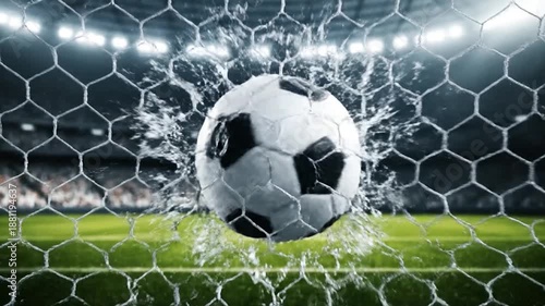 Soccer Ball Scores a Goal in a Stadium.