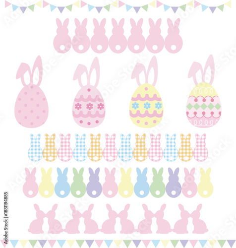 Happy Easter Design Elements Set. Pastel Colored Bunny Silhouettes and Decorated Egg Lines