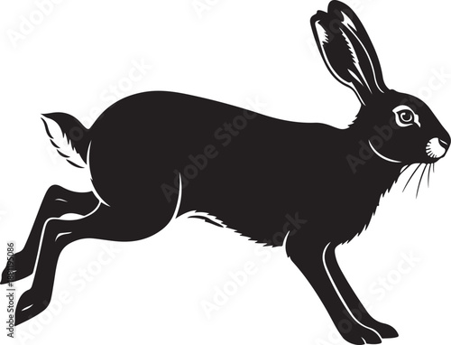 Black silhouette of a running rabbit in motion quickly
