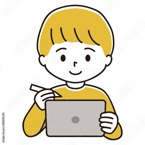 ペンタブを持ってタブレット端末で勉強する男の子のイラスト