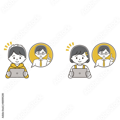 ペンタブを持ってタブレット端末で勉強する男の子と女の子のイラストセット　遠隔授業