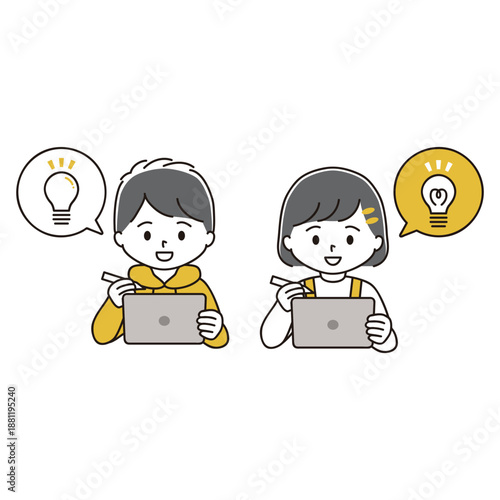 ペンタブを持ってタブレット端末で勉強する男の子と女の子のイラストセット　ひらめき