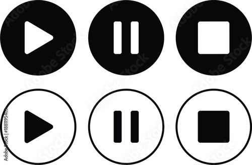 Set of black and white circular media player interface icons including play pause and stop buttons for video.