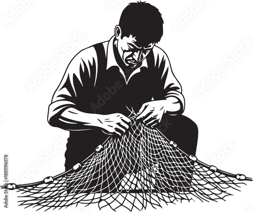 Man repairing a fishing net with focused expression carefully