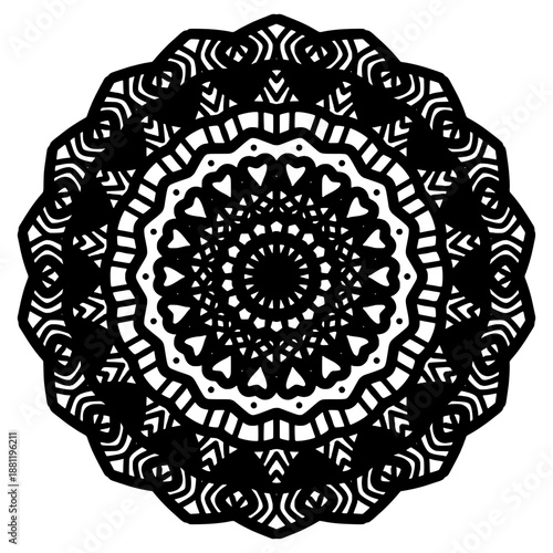 Bold hand drawn mandala line art illustration in black and white