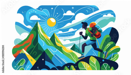 Adventurous Hiker Conquering Mountainous Terrain with Determination.