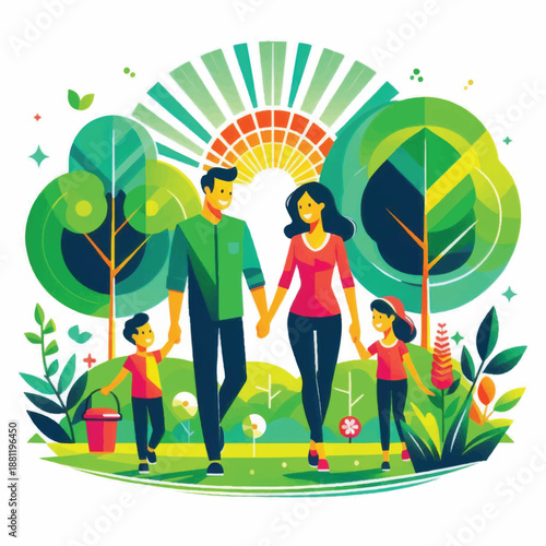 Happy family walking together in a vibrant park enjoying nature and togetherness.