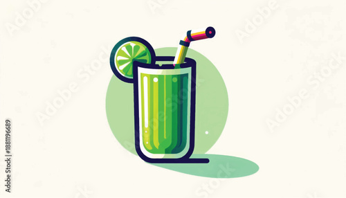 Refreshing Green Smoothie with Lime Garnish and Straw.