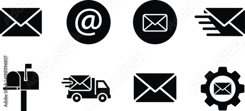 Set of black mail and email icons including envelopes at sign mailbox and delivery truck for communication business contact.