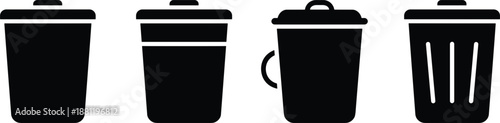 Set of black minimalist trash can and dustbin icons isolated on white background for waste management and deletion.