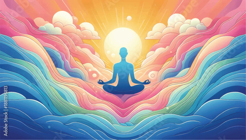 Silhouette of a person meditating in a lotus position surrounded by vibrant flowing colors.