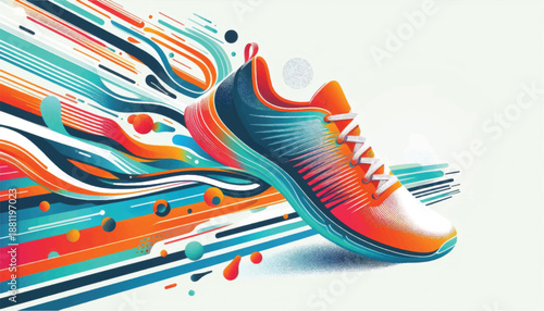 Vibrant athletic shoe with dynamic colorful streaks representing speed and energy.