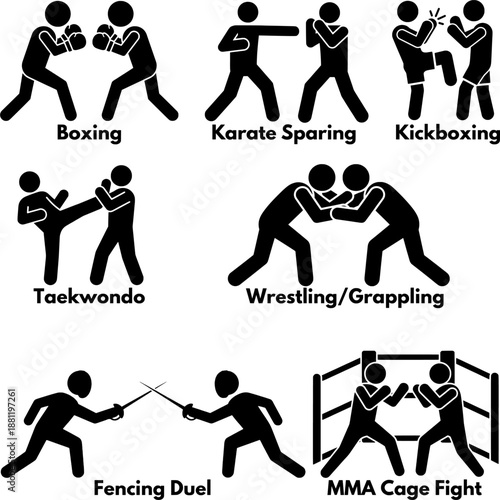 Combat Sports and Martial Arts Stick Figure Icon Set