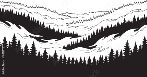 Monochromatic illustration of snowy mountains and pine trees landscape
