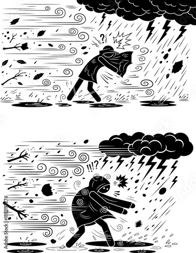 Man Walking in Extreme Storm and Heavy Rain Stick Figure