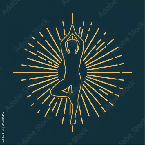 Yoga pose silhouette with radiating light.