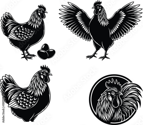Black And White Vector Illustration Set Of Poultry Featuring Hens With Eggs Roosters With Spread Wings And A Detailed Cockerel Portrait In High Contrast Silhouette