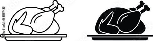 Black And White Vector Illustration Set Of A Whole Roasted Turkey On A Platter Featuring Detailed Outline And High Contrast Silhouette For Holiday Dinner