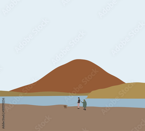 People play with dog on the beach. Spending the day on holiday summer vacation. Nature landscape.