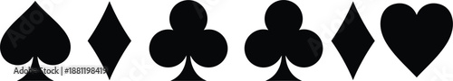 Set of black playing card suit symbols including spade diamond club and heart isolated on white background for gambling.