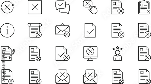 Set of black outline icons featuring documents with delete cross marks, checkmarks, envelopes, computer screens, and information symbols.