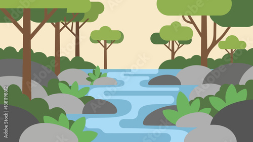 Serene river flowing through a rocky landscape with lush green trees.