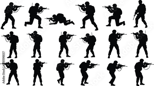 Comprehensive Collection of Tactical Military Soldier Silhouettes in Various Combat Poses Featuring Infantry Squad Armed with Assault Rifles for War Games Defense and Security Graphics