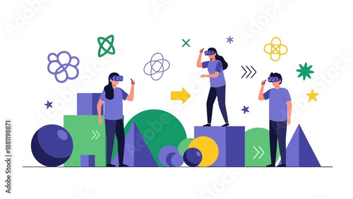 Three people interacting with virtual reality elements amidst abstract geometric shapes.