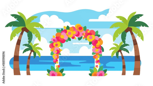 Tropical beach wedding arch with flowers and palm trees.
