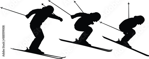 Collection of Professional Skier Silhouette Vectors Featuring High Speed Downhill Racing Poses Alpine Skiing Action and Winter Sports Competition Graphic Elements