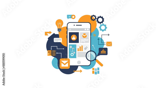 Digital marketing analytics on mobile device with icons.