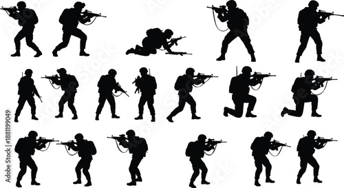 Large Collection of Military Soldier Silhouettes in Tactical Combat Poses Carrying Assault Rifles and Full Gear for War Games Army Training and Defense Security Graphic Design