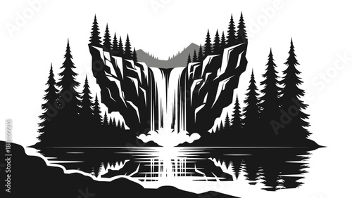 Serene Black and White Forest Landscape with Waterfall and Reflection.