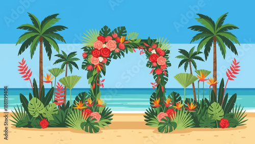 Tropical beach wedding arch with flowers and palm trees.