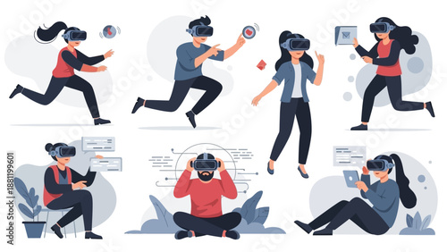 People using virtual reality headsets in various dynamic poses.