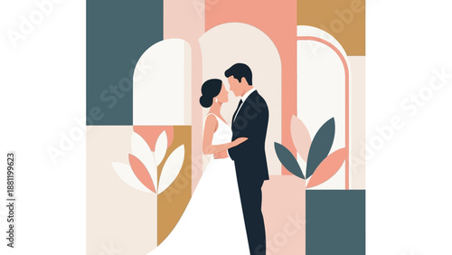 Romantic Couple Embracing in Stylized Archway Surrounded by Floral Elements.