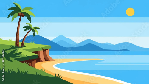Tropical beach landscape with palm trees and mountains.