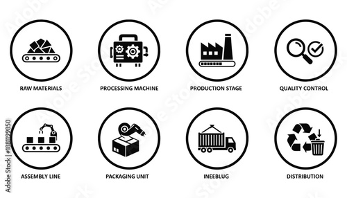 Industrial manufacturing process icon set design in black and white simple circle outline