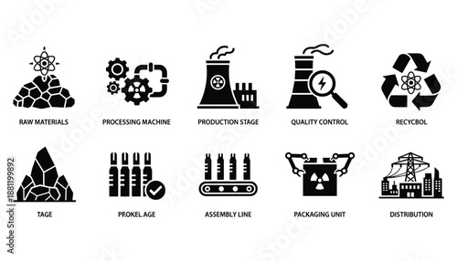 Industrial manufacturing process icon set design in black and white vector factory elements