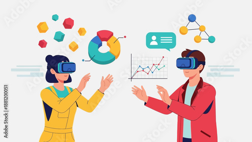 Man and woman using virtual reality headsets and interacting with digital data visualizations.